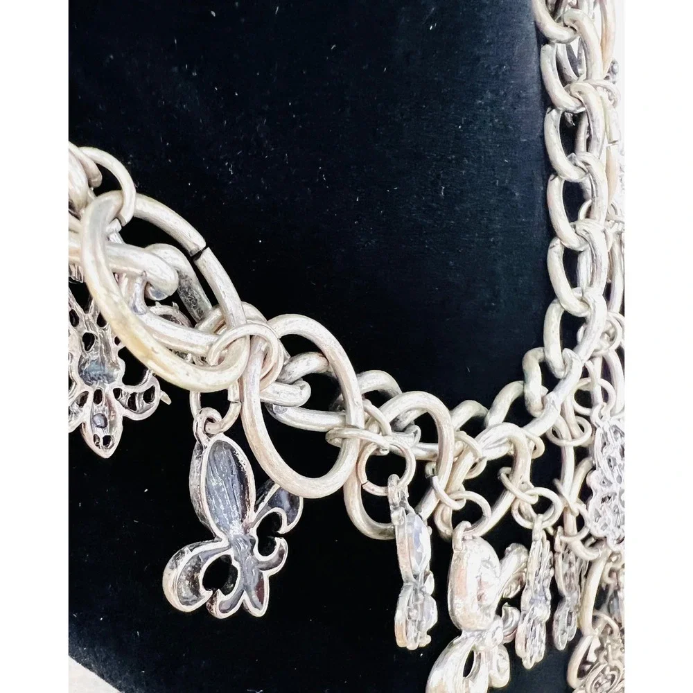 Unica Silver Tone Fleur De Lis Crystal Statement Bib Necklace Gothic Filigree